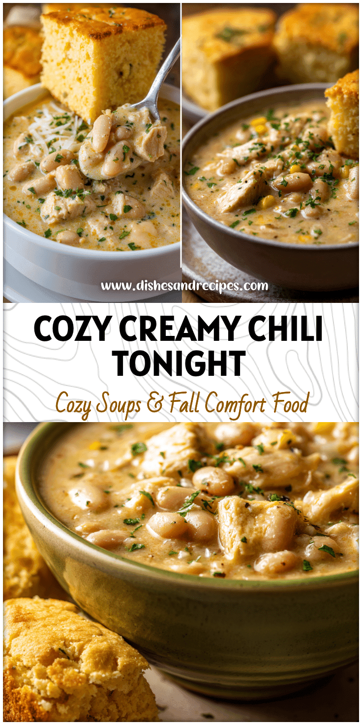 A creamy bowl of White Chicken Chili With Beans served with golden cornbread and sprinkled herbs.